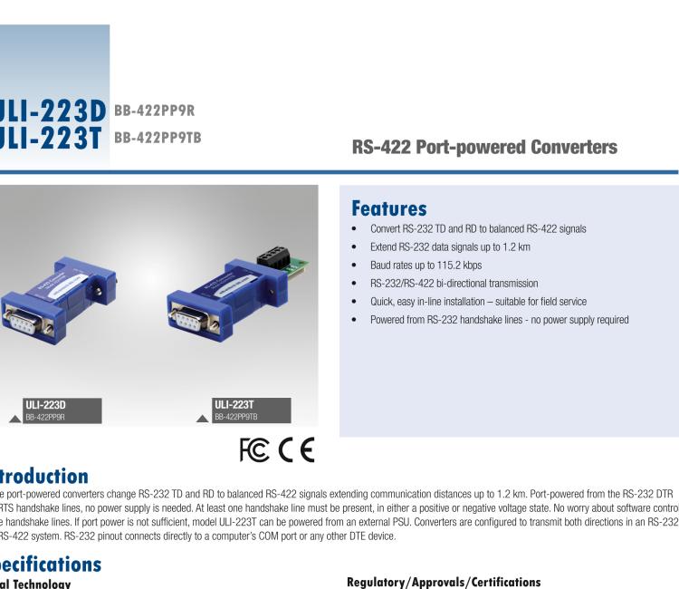 研華BB-422PP9TB ULI-223T RS-232（DB9母頭）至RS-422（接線端子）轉換器，端口供電